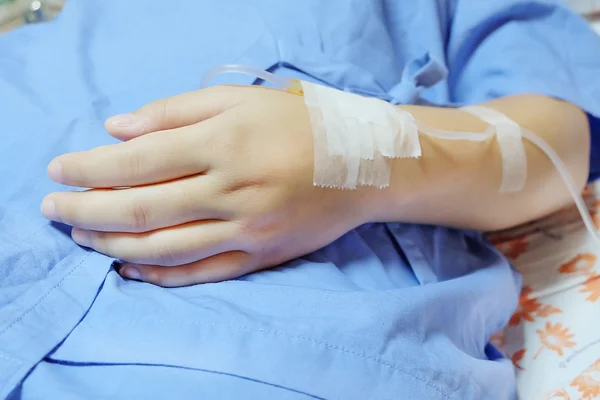 Saline intravenous (iv) drip in a women patient hand