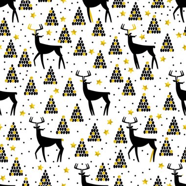 Geyik, ağaç ve altın öğeleri ile Noel ve yeni yıl seamless modeli.