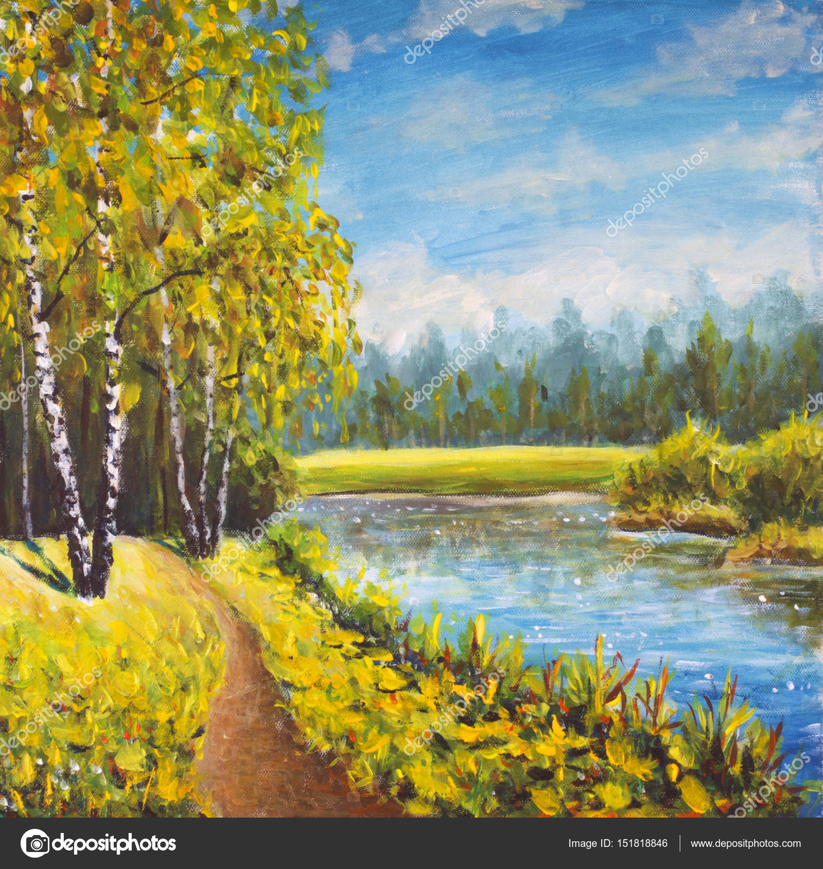 Original oil painting landscape, sunny nature on canvas. Beautiful far forest, rural landscape landscape. impressionism art. Stock Photo by 151818846