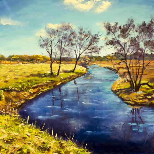 Original oil painting sunny landscape on canvas. Beautiful early spring, spring landscape landscape. Modern impressionism painting.