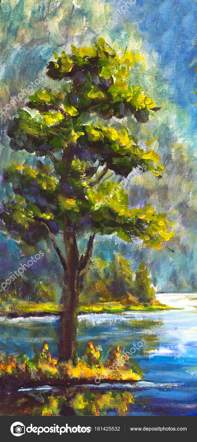 Originale dipinto a mano albero di pino verde dipinto ad olio su ... Dipinti olio su tela moderni