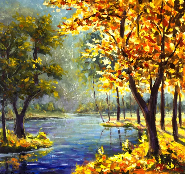 Original handpainted Oil Painting sunny big autumn orange tree, Green Pine Tree on canvas - colorful trees, blue mountain river painting - Modern impressionism art.