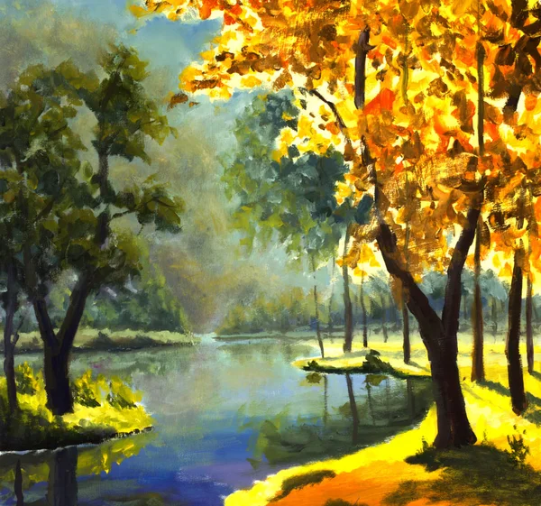 Original handpainted Oil Painting sunny big autumn orange tree, Green Pine Tree on canvas - colorful trees, blue mountain river painting - Modern impressionism art.