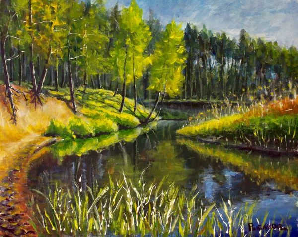 Original oil painting Bright green trees are reflected in the water. Landscape is summer on the water. Nature. River bank. Rural landscape. impressionism painting.