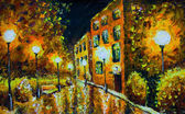 Картина, постер, плакат, фотообои "painting - night city street with old yellow orange houses. palette knife oil painting - white lamp post, reflection, trees", артикул 178754878