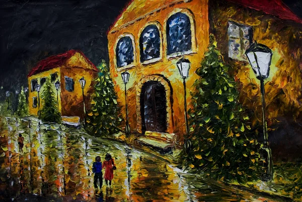 Oil painting - night city street with old yellow orange houses, peoples male girl, white lamp post, reflection, green christmas trees