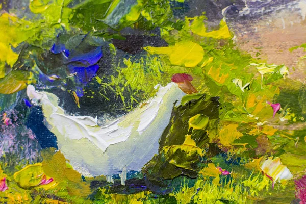 white chicken on green grass painting background vector illustration abstract. wallpaper with palette knife texture fragment Oil on canvas large macro sketch, watercolor