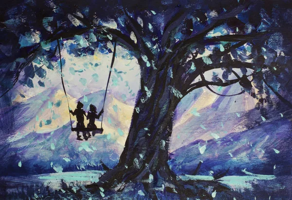 Oil painting fantastic landscape, guy and girl ride on swing, big dark tree, mountains in background, an emerald river, dark islands with grass. fairy tale, abstraction, illustration to book