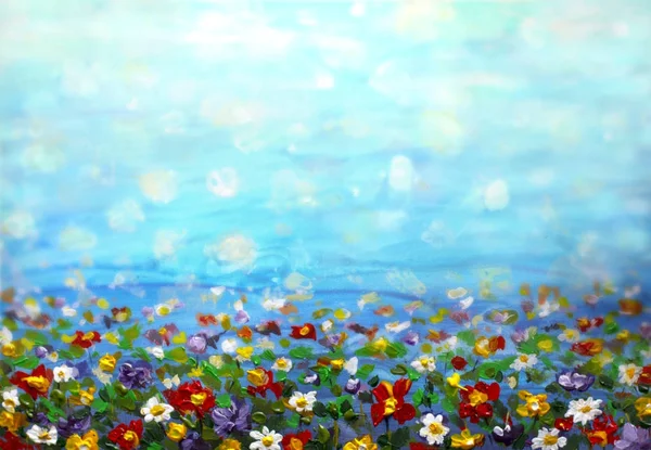 oil painting purple cosmos flower, white daisy, cornflower, wildflower. Flowers meadow, green field paintings. Hand painted floral and green blue sky. Spring flower nature background