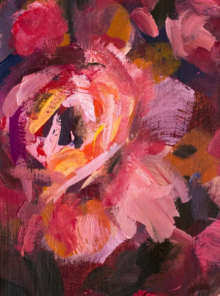 Oil painting close-up flower. Big red violet flowers rose peony closeup macro on canvas. Modern Impressionism. Impasto artwork.