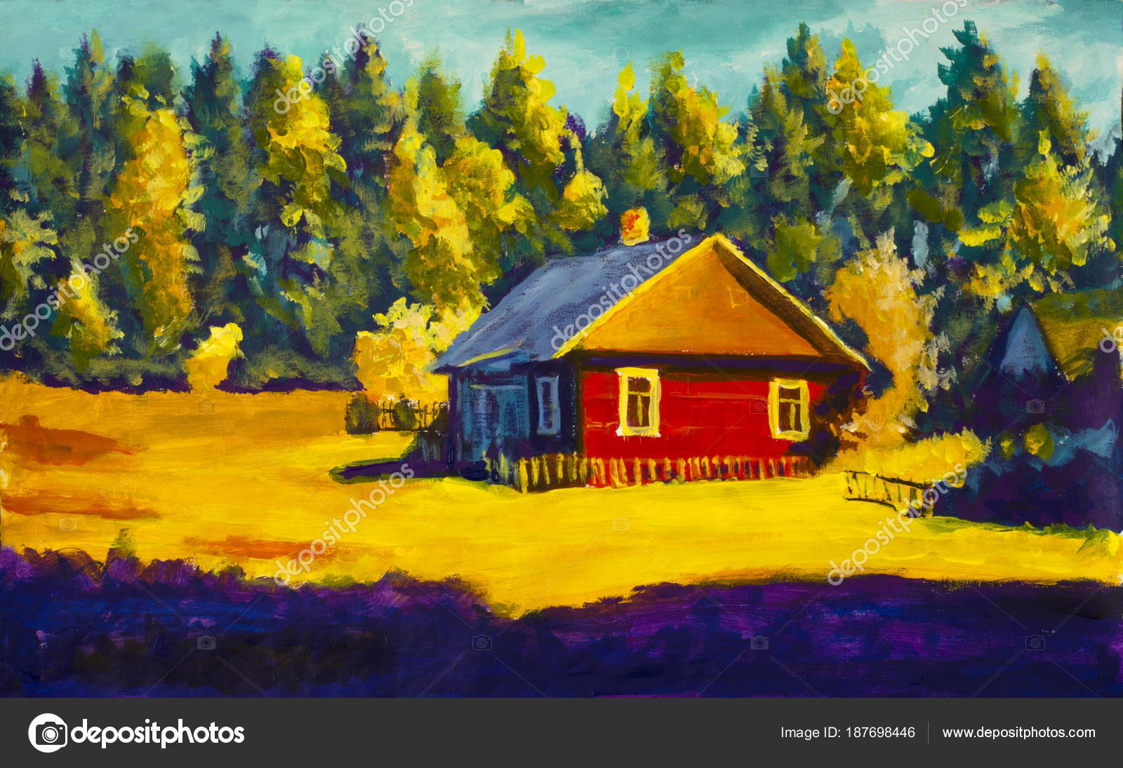 Paintings Of Old Log Cabins Painting Red Old Village House Sunny