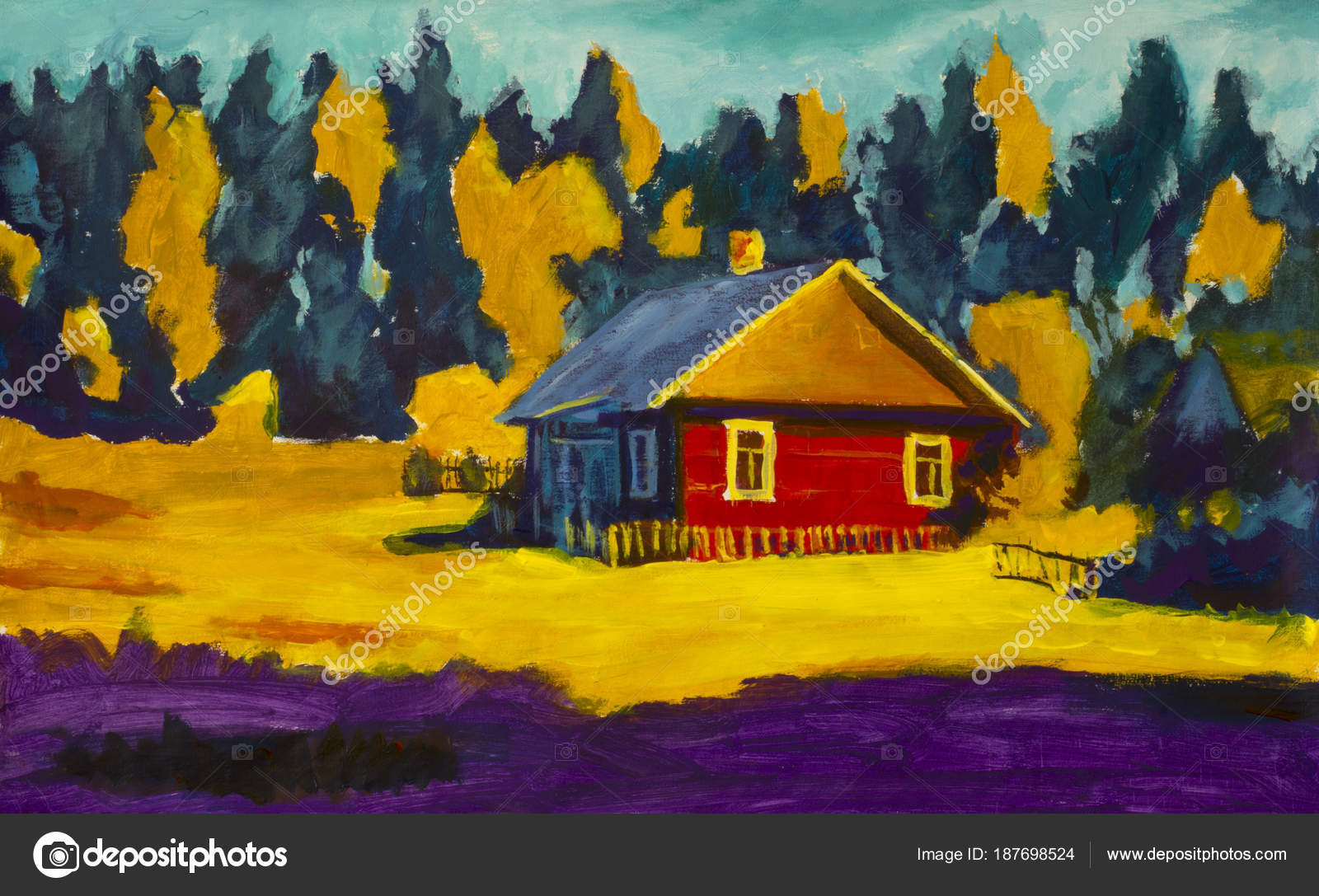 Painting Red Old Village House Sunny Rural Landscape Yellow Orange — Stock Photo © weris7554