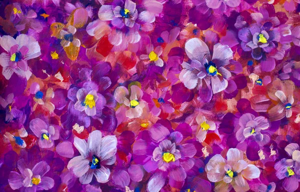 Original handmade abstract oil painting bright flowers pansies, Violet tri-color. Red, yellow, blue, purple abstract flowers. Macro impasto painting.