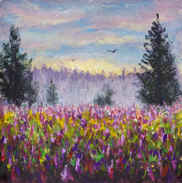 Flower glade field of purple flowers landscape. Sunrise. Foggy forest in background. 2 flying birds. Morning rural landscape painting with acrylic. Floral artwork.