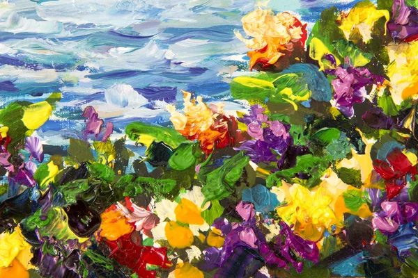 Abstract impressionism floral landscape Oil painting and palette knife impasto close-up. Yellow red violet flowers in a green grass against a background of blue sea waves. Fragment of painting.