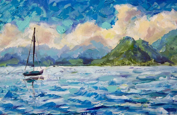 painting seascape landscape Boat, yacht, sailboat in blue turquoise water lake of ocean river against a background of beautiful green mountains. Warm fluffy clouds and blue sky. Oil painting and palette knitting impasto on canvas artwork