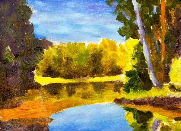 Bright sunny landscape. Oil painting of forest is reflected in water river. Autumn on lake etude sketh on canvas. Nature, rural seascape illustration impressionism artwork.