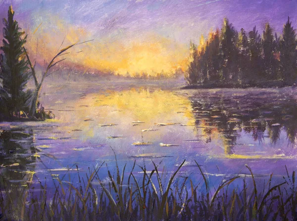 Acrylic painting Blue violet purple Morning on the river. Sunrise on the water. Sunset over the river. Reflection in water. Rural landscape art illustration impressionism artwork. Oil painting on canvas