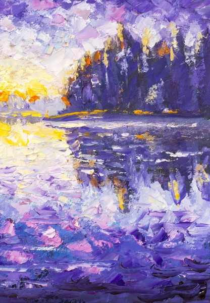 Impressionism palette knife oil painting on canvas Morning on the river. Sunrise on the water. Sunset over the river. Reflection in water fragment texture backgroud Blue violet art illustration impressionism artwork. Close-up fragment Oil painting on