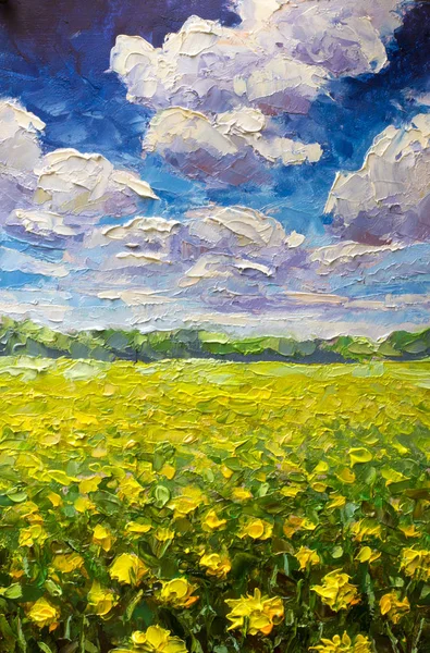 Flowers field painting. The endless summer field of yellow orange flowers, blue sky and big clouds Oil and palette knife original painting - Rural landcape original painting art on paper art illustration Impressionism rural artwork