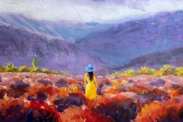 Beautiful girl in a yellow dress stands in a flower field, lavender field. Summer warm flower landscape - acrylic oil painting on canvas.