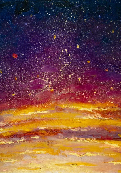 Colorful warm Modern Oil painting beautiful yellow dawn sunset art and purple starry night sky gradient impressionism