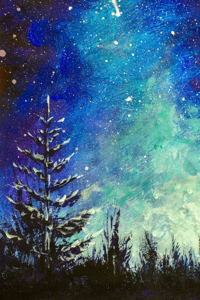 Vertical Watercolor painting acrylic oil on canvas - Christmas tree at night against background of night starry sky of milky way of galaxy, universe. Night landscape.