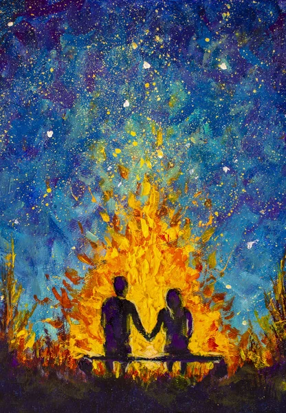 Oil painting of young couple in love holding hands sitting on bench near bonfire fire in Beautiful night starry sky, Blue Cosmos, galaxy, stars, acrylic sketch on canvas texture