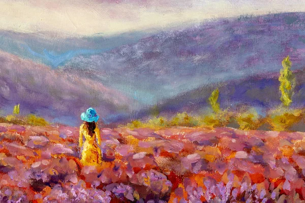 Walking women in field of lavender. Romantic girl in lavender fields, having vacations in Provence, France. A girl in orange dress walking trough lavender fields oil painting on canvas