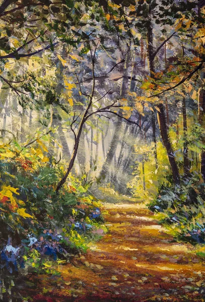 Road footpath in sunny spring forest - acrylic oil painting