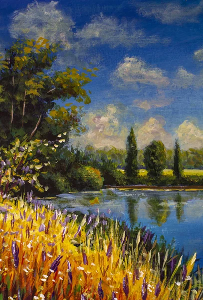Beautiful autumn field of flowers near pond lake river - handmade oil painting - summer autumn warm landscape