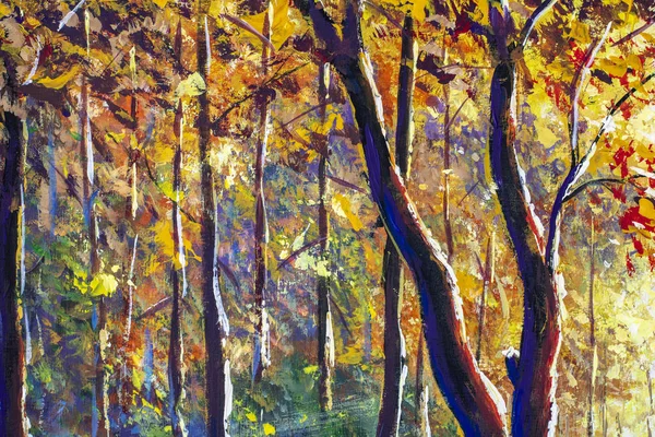 Original hand painted autumn oil painting on canvas. Sunny autumn dark trees in gold autumn forest park wood alley impressionism art