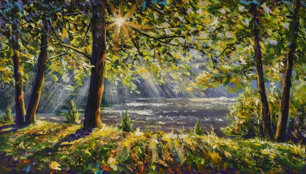 Walk in sunny sunlight forest woods painting. Pleasant weather. Sun rays play in the branches of trees.