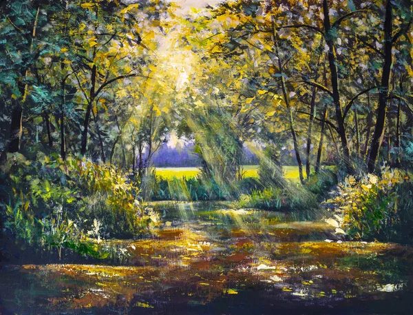 Original oil painting river lake pond sea in sunny sun sunlight forest wood trees impressionism landscape