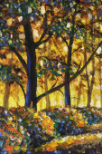 Картина, постер, плакат, фотообои "autumn park alley - oil acrylic painting art - gold orange autumn road in forest landscape", артикул 332590786