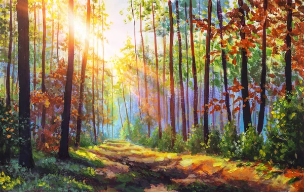 Autumn oil painting. Autumn forest with sunlight. Path in forest through trees with vivid colorful leaves. Beautiful fall background. Fall scenery wonderland art.