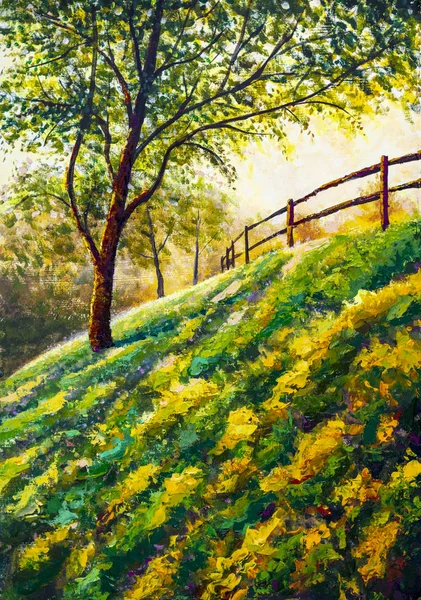 Colorful sunny summer autumn landscape acrylic hand painted oil painting. Nature romantic background fine art illustration.