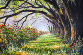 Картина, постер, плакат, фотообои "glade in a fabulous sunny forest with large giants trees and beautiful bushes of lush flowers - acrylic, oil painting to illustrate fairy tales for children", артикул 344033384
