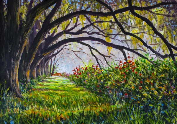 Beautiful sunny forest flowers landscape painting.