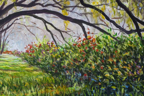 Beautiful sunny forest flowers landscape painting.