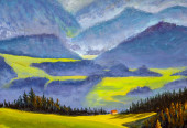 Картина, постер, плакат, фотообои "small village house in high mountains oil painting.", артикул 346256928