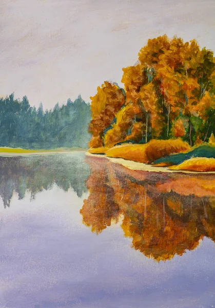 Oil acrylic painting autumn on river sea pond water. Orange trees are reflected in calm water modern fine art. Calmness illustration , peace on canvas.