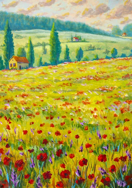 Red and purple flowers in yellow grass. Flower field, meadow flowers monet painting claude impressionism paint landscape. Oil painting on canvas.