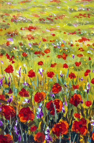 Red and purple flowers in yellow grass. Flower field, meadow flowers monet painting claude impressionism paint landscape. Oil painting on canvas.