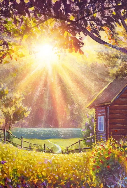 Sunny oil painting summer warm rural landscape with sunbeams syn rays modern fine art nature, flowering bushes and a cozy wooden village house illustration.