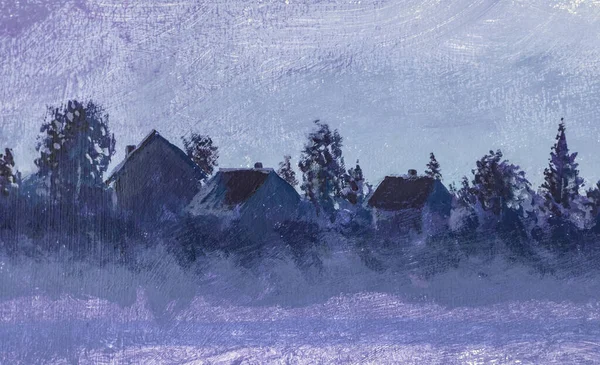 Original oil hand painted painting with brush Night rural landscape with old russian village houses and trees