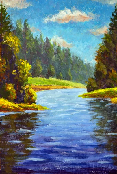 Autumn summer forest landscape with river, oil on canvas