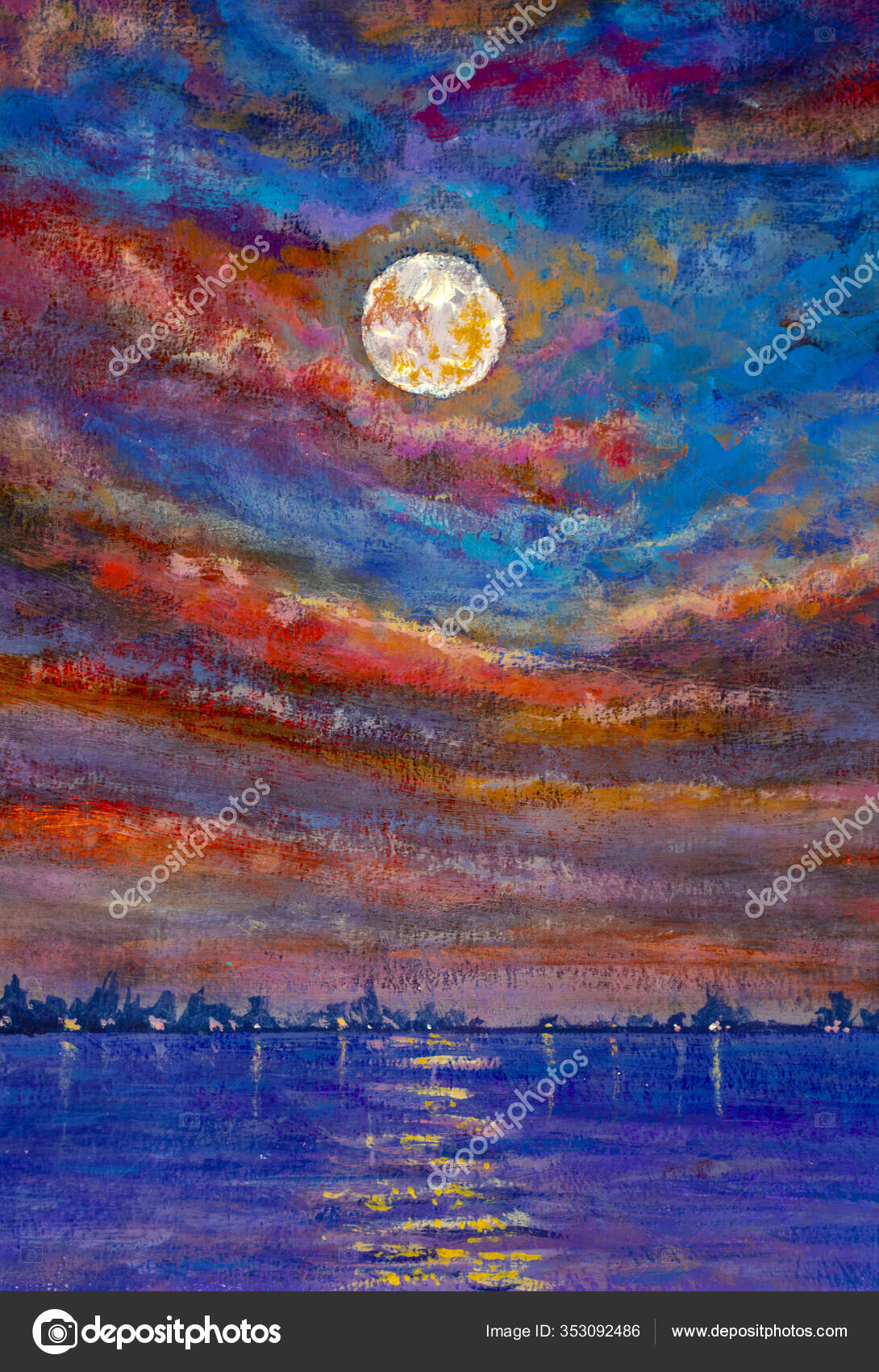 Beautiful Summer Purple Pink Sunset Sunrise Sea Painting Acrylic Watercolor Stock Photo Image By C Weris7554 353092486