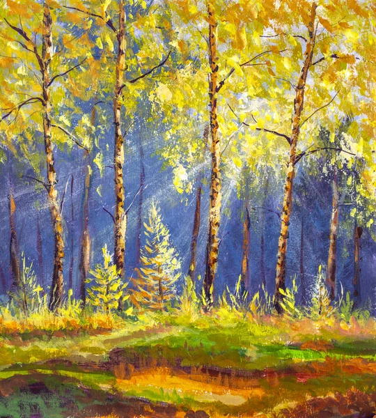 Oil fine art Landscape painting showing wild autumn trees in forest lit by the early morning sun background warm nature artwork