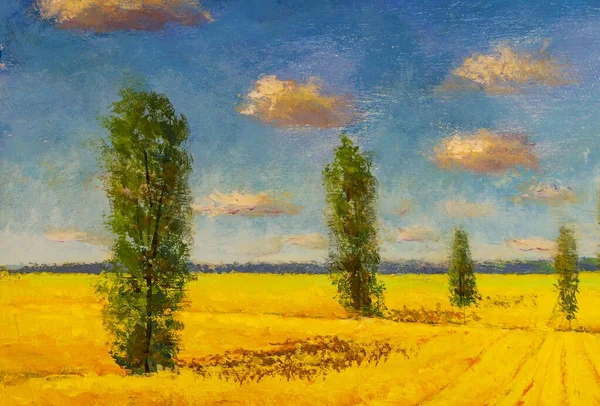 Hand painted with acrylic on canvas a field of ripe yellow plants, tall trees, a beautiful summer sky, in the distance a forest - a warm rural farm landscape